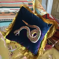 Image 3 of Blue Velvet Snake Patch Cushion Cover With Gold Fringe