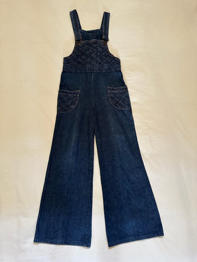 1970s overalls bellbottom jean denim fitted basketweave 