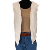 Image 1 of Reversible Upcycled Denim and Cream Textured Women’s Vest with Crochet  Appliqué - Size L 
