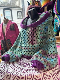 Image 1 of BLUEBELL - Hooded short top jumper M/L - flared bell sleeve - handmade crochet - one of a kind