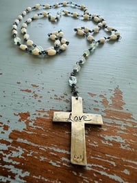 Image 12 of hand wrapped pearl and gemstone rosary style necklace with cross pendant