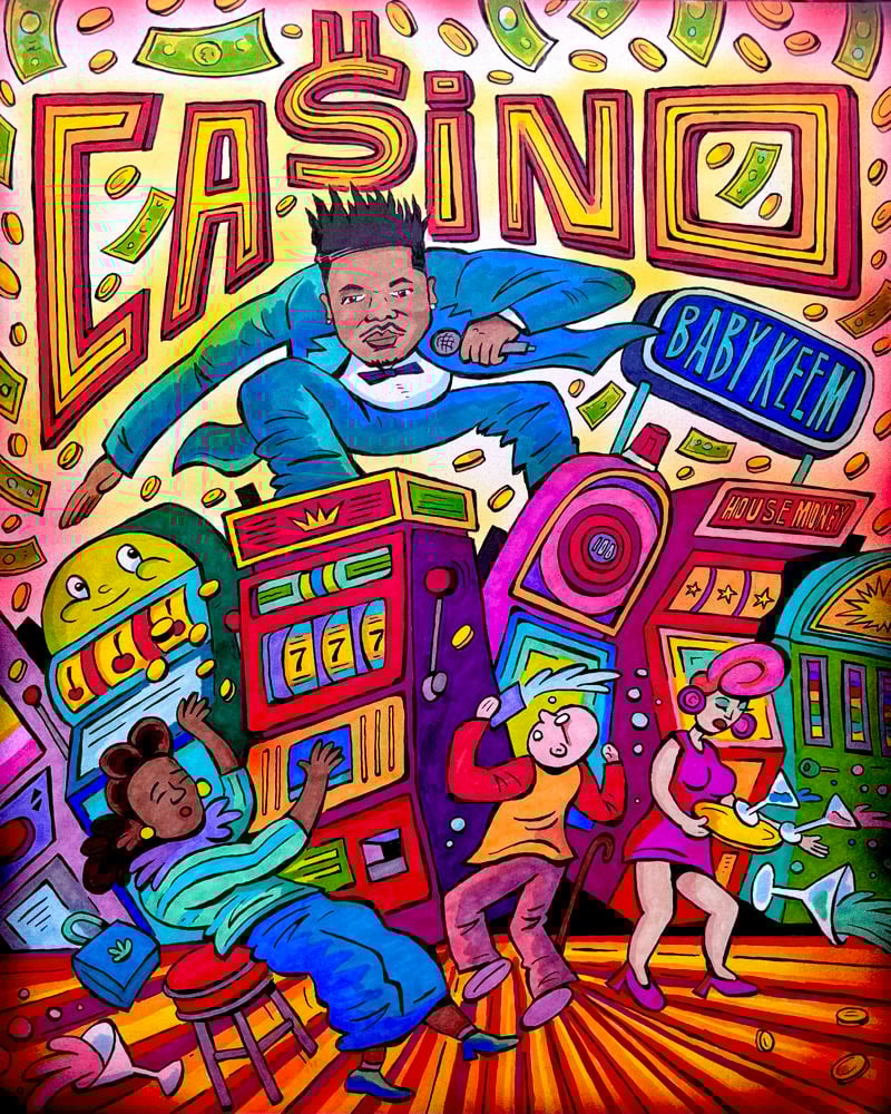 Image of Baby Keem Ca$ino ink illustration 12x14