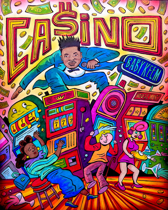 Image of Baby Keem Ca$ino ink illustration 12x14