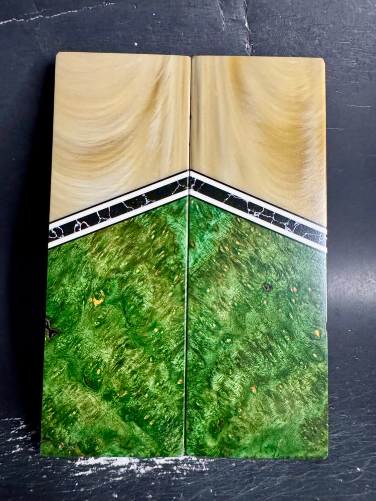 Image of Light Faux Horn & Green Amboyna Burl Segmented Knife Scales