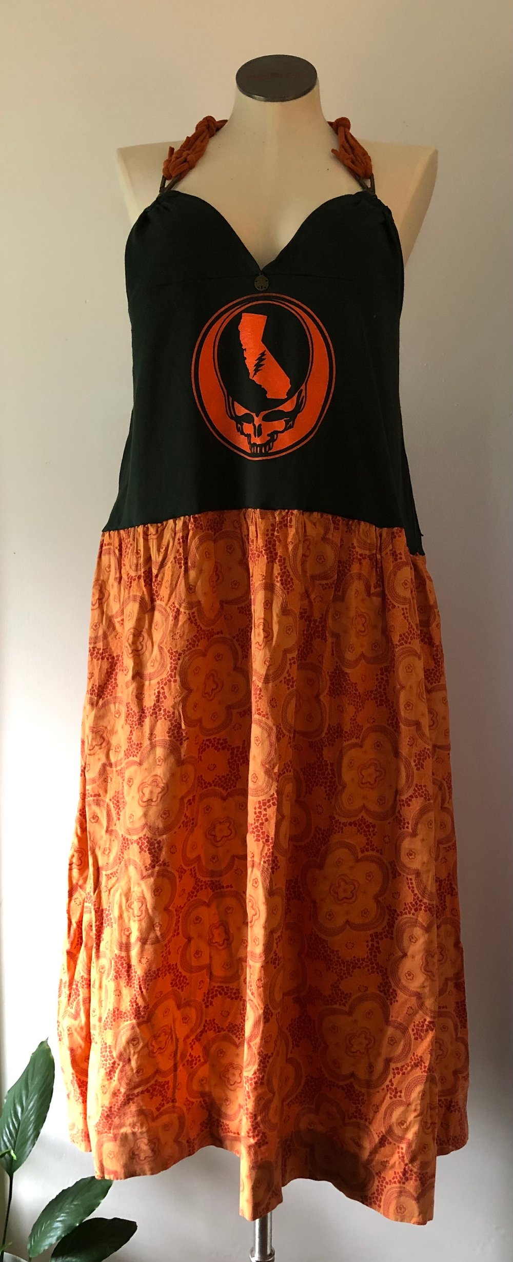 Upcycled “Grateful Dead/ Steal Your Face California” t-shirt halter maxi dress