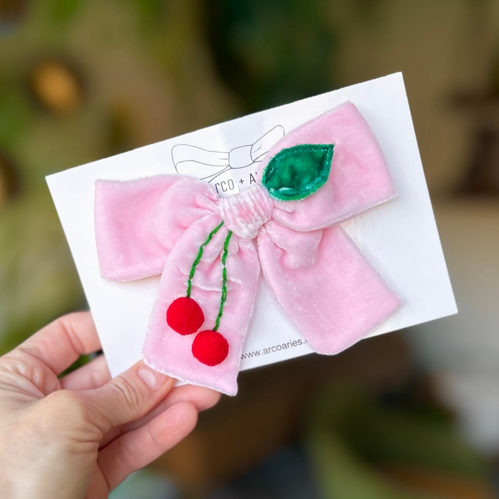Image of OOAK Cheery Cherry embellished silk velvet pinwheel bow Samples