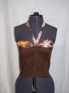 Image of Mrs Minivers Boned Suntop- Plain Brown with Gold Tiki print Epalettes