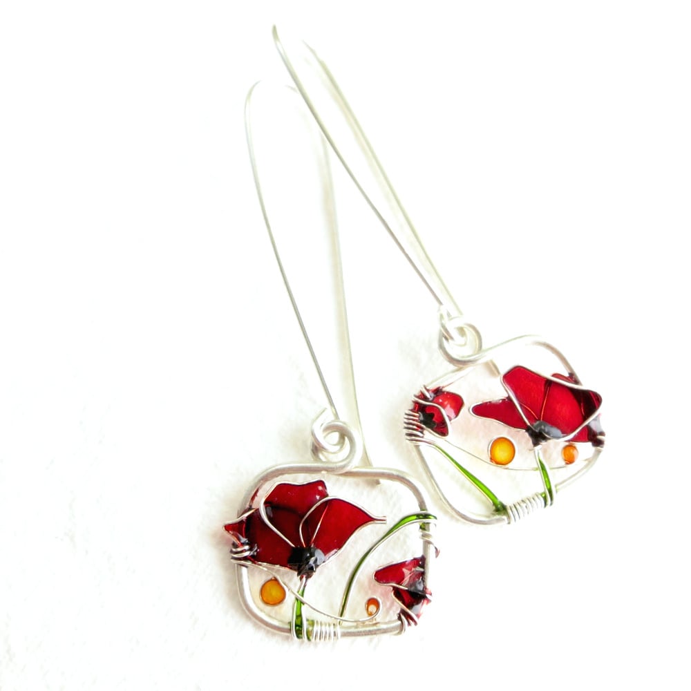 Image of Red Poppies Silver Earrings