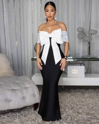 Image 1 of LIYAH BLACK WHITE OVER-SIZED BOW MAXI BANDAGE DRESS