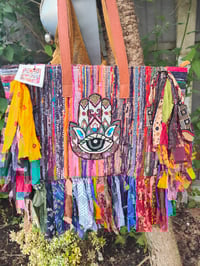 Image 7 of Frill Sari shoulder Bag Recycled fabric- leather straps 