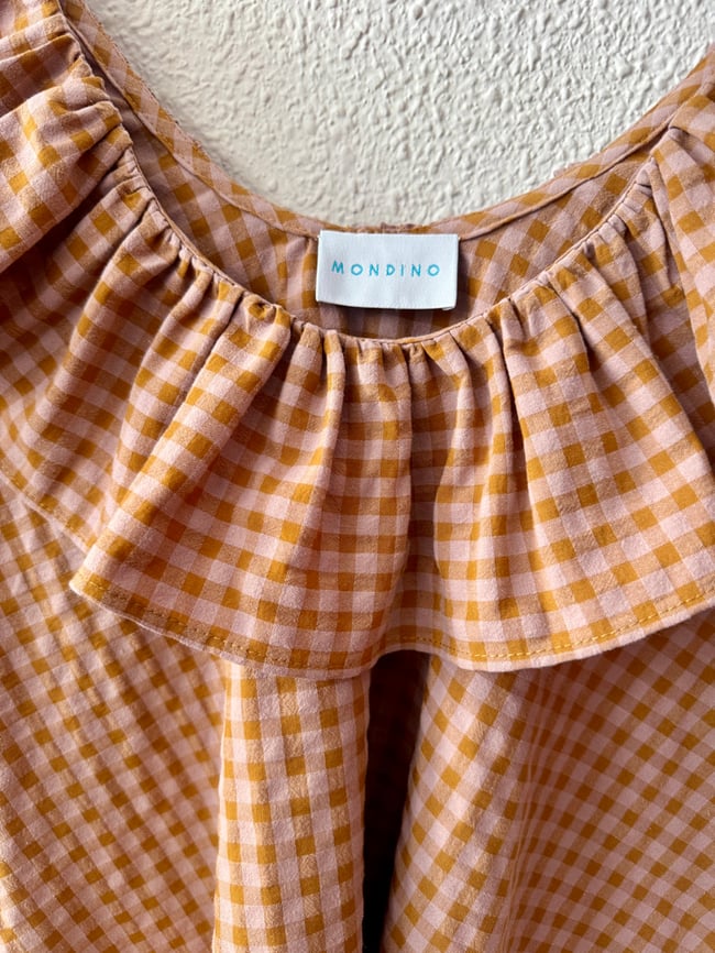MUSTARD AND PINK VICHY SEERSUCKER HUIPIL WITH RUFFLE