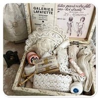 Image 6 of Vintage French wooden sewing box full of French lace and cotton