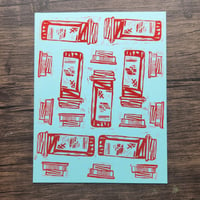 Image 1 of 'which way is up' - light blue & red - one off BLOCKPRINT