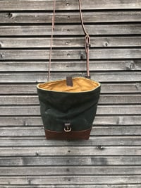 Image 4 of Forest green waxed canvas day bag with leather bottom