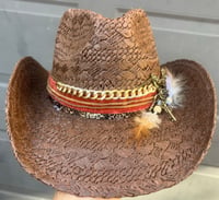 Image 1 of Brown Cowboy Hat Layered Band Brass Keys and Feathers