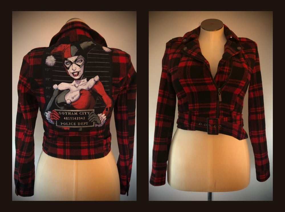 Upcycled “Harley Quinn” flannel Motorcycle jacket