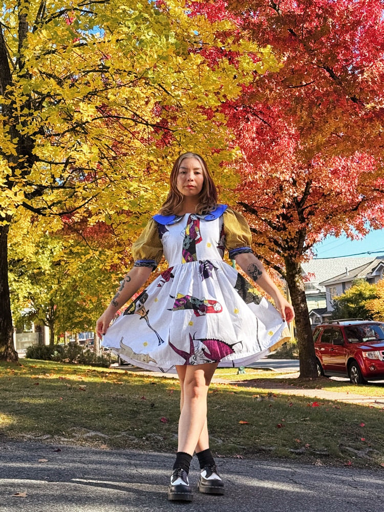Image of Collared Puff Sleeve Dress — Halloween Yellow Stripes