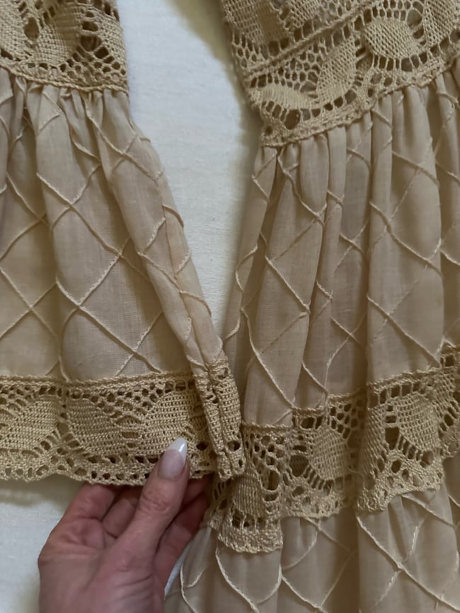 early 1970s Mexican pintucked fan sleeve cotton wedding maxi dress