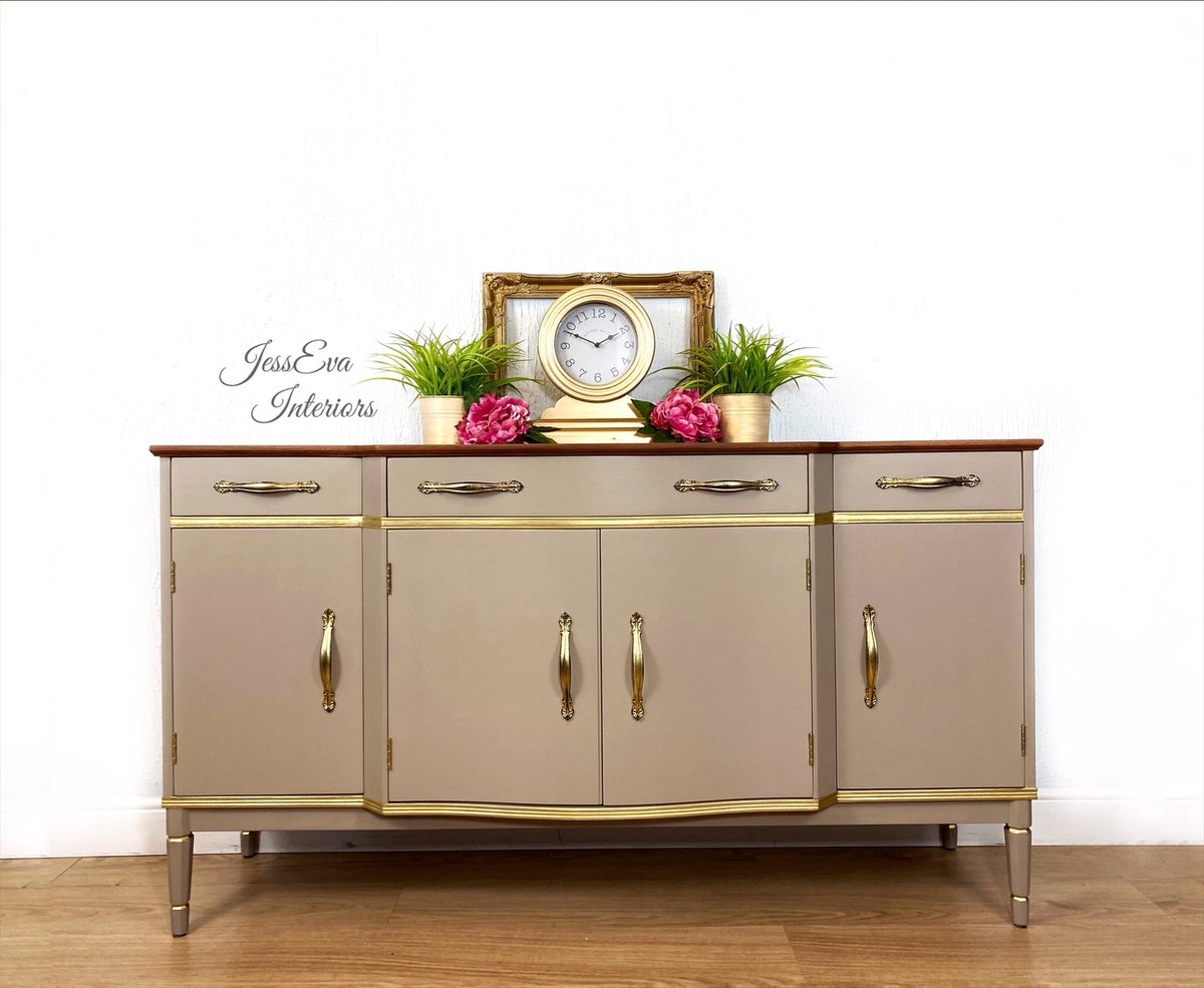 Vintage Strongbow Sideboard painted in neutral beige / taupe with gold