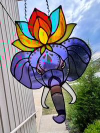 Image 1 of Elephant & Lotus Stained-Glass Suncatcher - Colorful Lotus Flower Window Hanging Art Decor