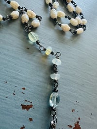 Image 8 of hand wrapped pearl and gemstone rosary style necklace with cross pendant