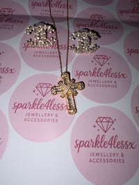 Image 1 of Pearl c studs and gold cross 