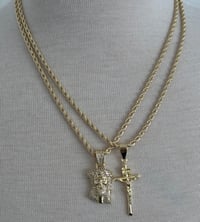 Image 4 of 14k EP Rope Chain Two Tone Layered Necklace & Pendant Set 3mm Double Rope Chain Set