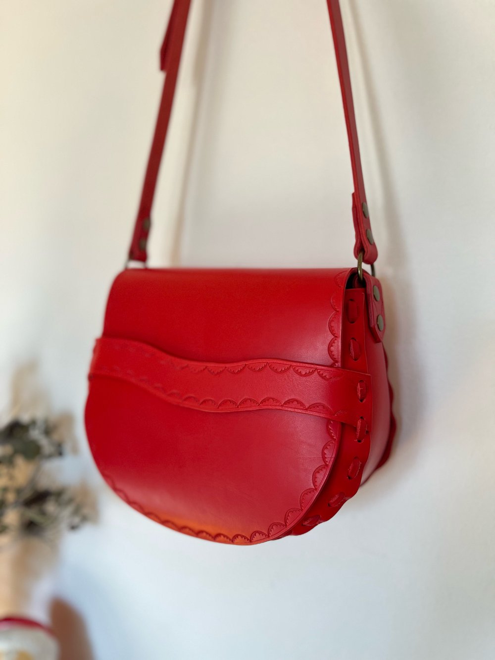 Image of Candy Apple Red Vachetta Crossbody Saddle Bag