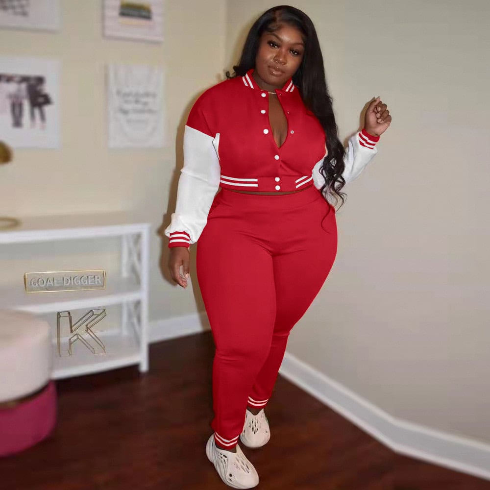 Image of Plus Size Baseball Jacket And Pants 2 Piece Sets