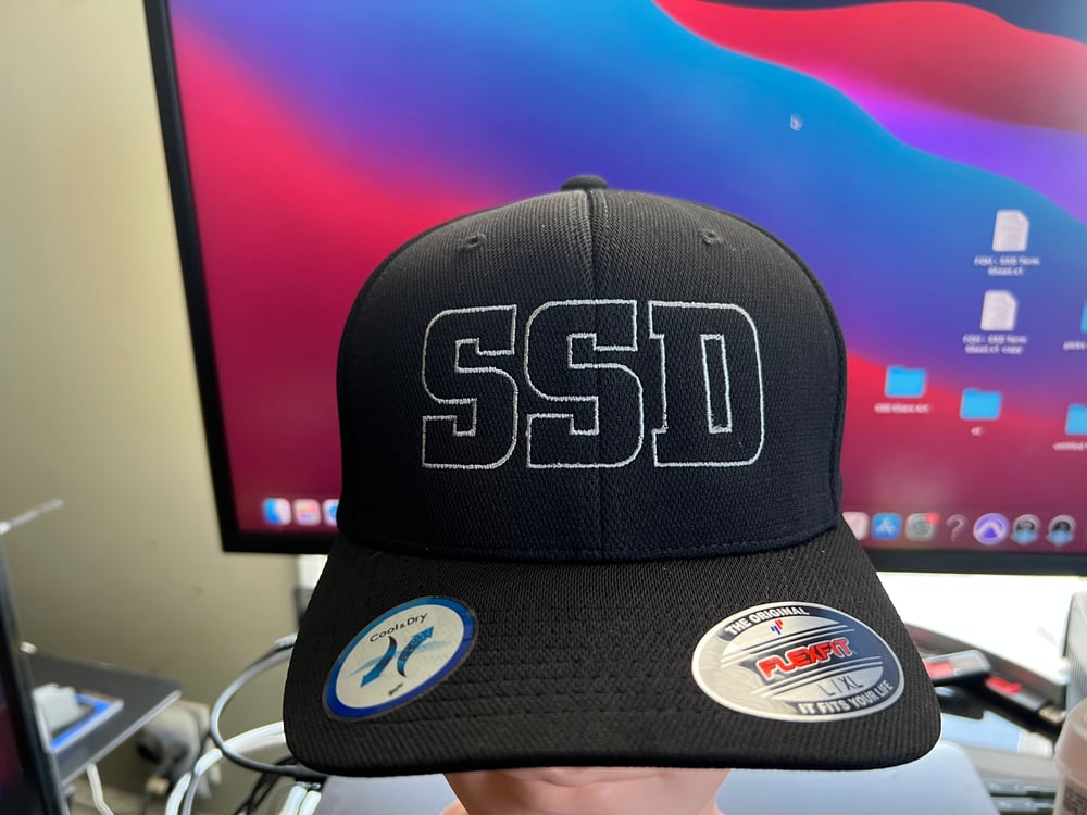 Black Flexfit hat with Grey SSD outline logo 