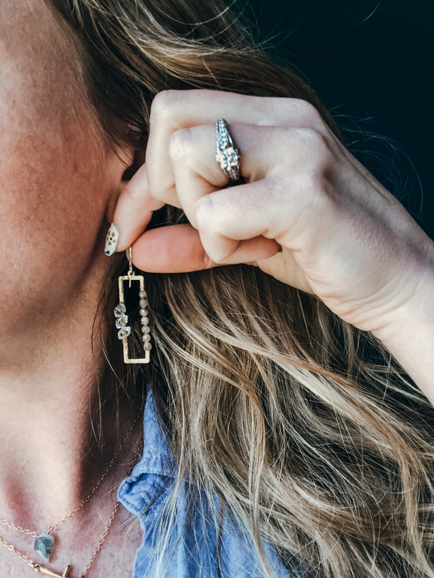 Image of Herkimer Diamond and Peach Moonstone Rectangle Dangles