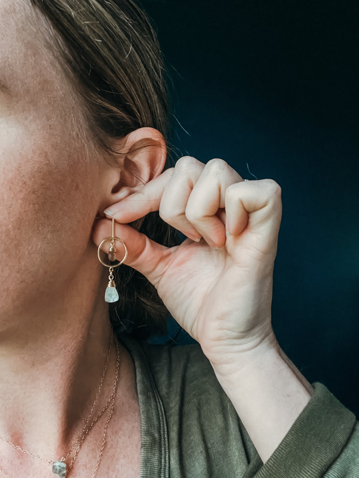 Image of Andalusite and White Moonstone Small Hoop Stud Dangles