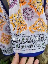 Image 5 of Thassos scarf -white with navy blue trim -autumnal colours