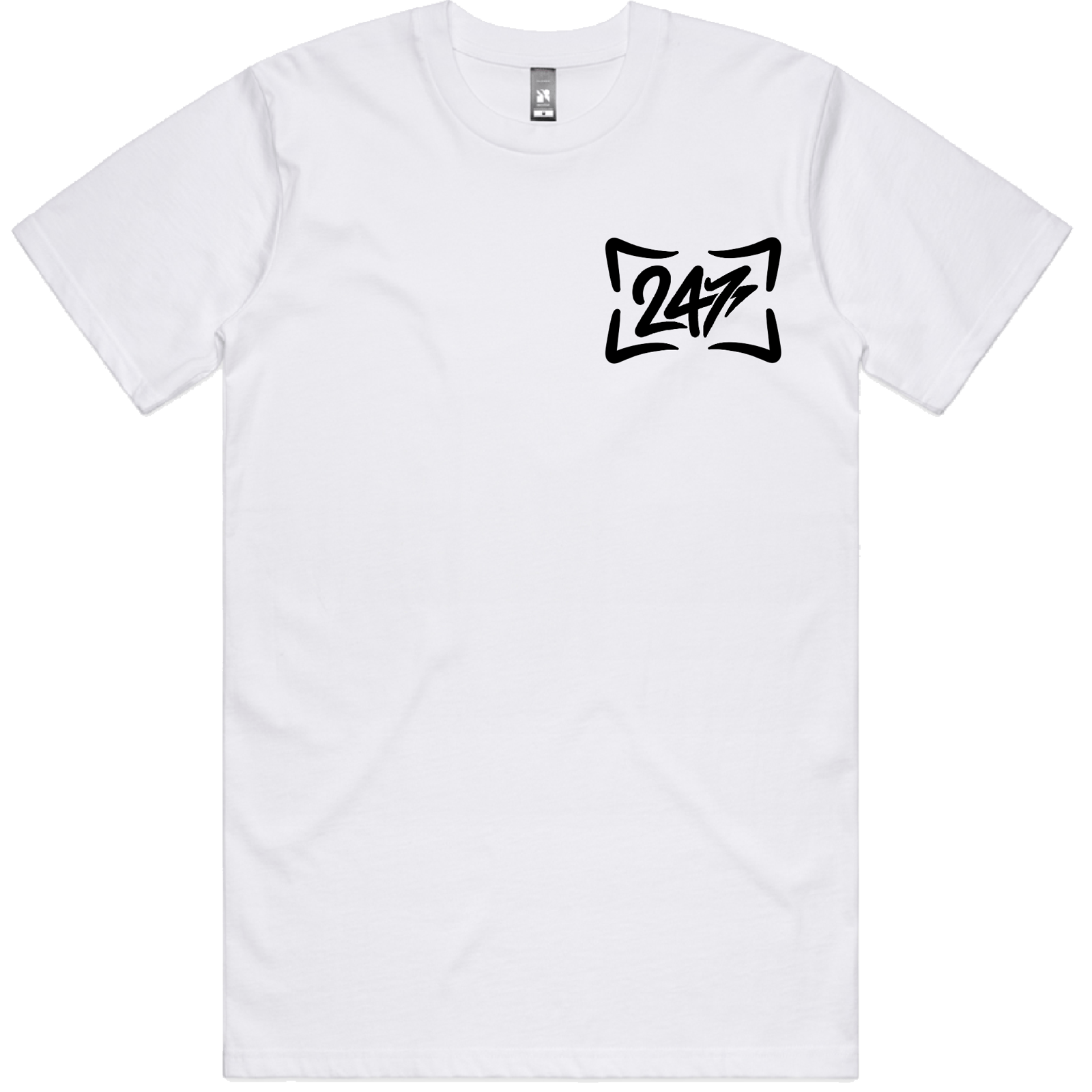 white tee with black writing