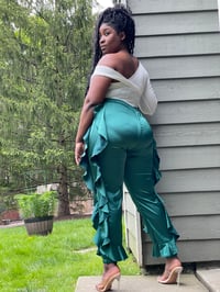 Image 3 of Satin Ruffle Joggers ( GREEN)