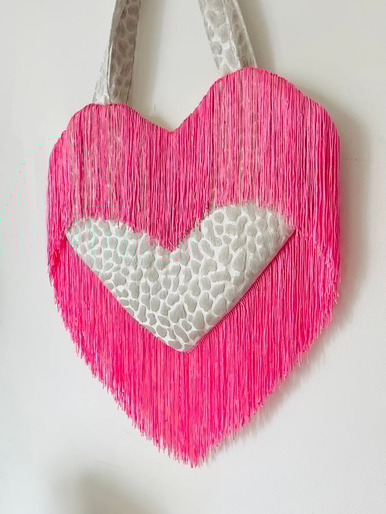 Image of 💖 Silver & Hot Pink Heart Bag – Fringe Statement Piece