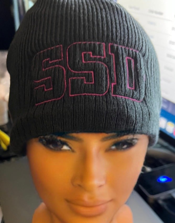 Slate Grey New Era Knit beanie hat with embroidered Magenta SSD Outline Logo