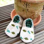 Image of Reversible cloth baby shoes- dinosaurs/green gingham