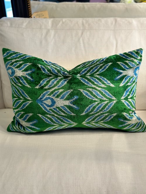 Image of Ikat Velvet Cushion with Blue and Green Pattern 