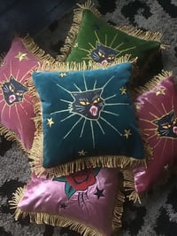 Image 3 of teal Velvet Black Cat Mini Cushion copy