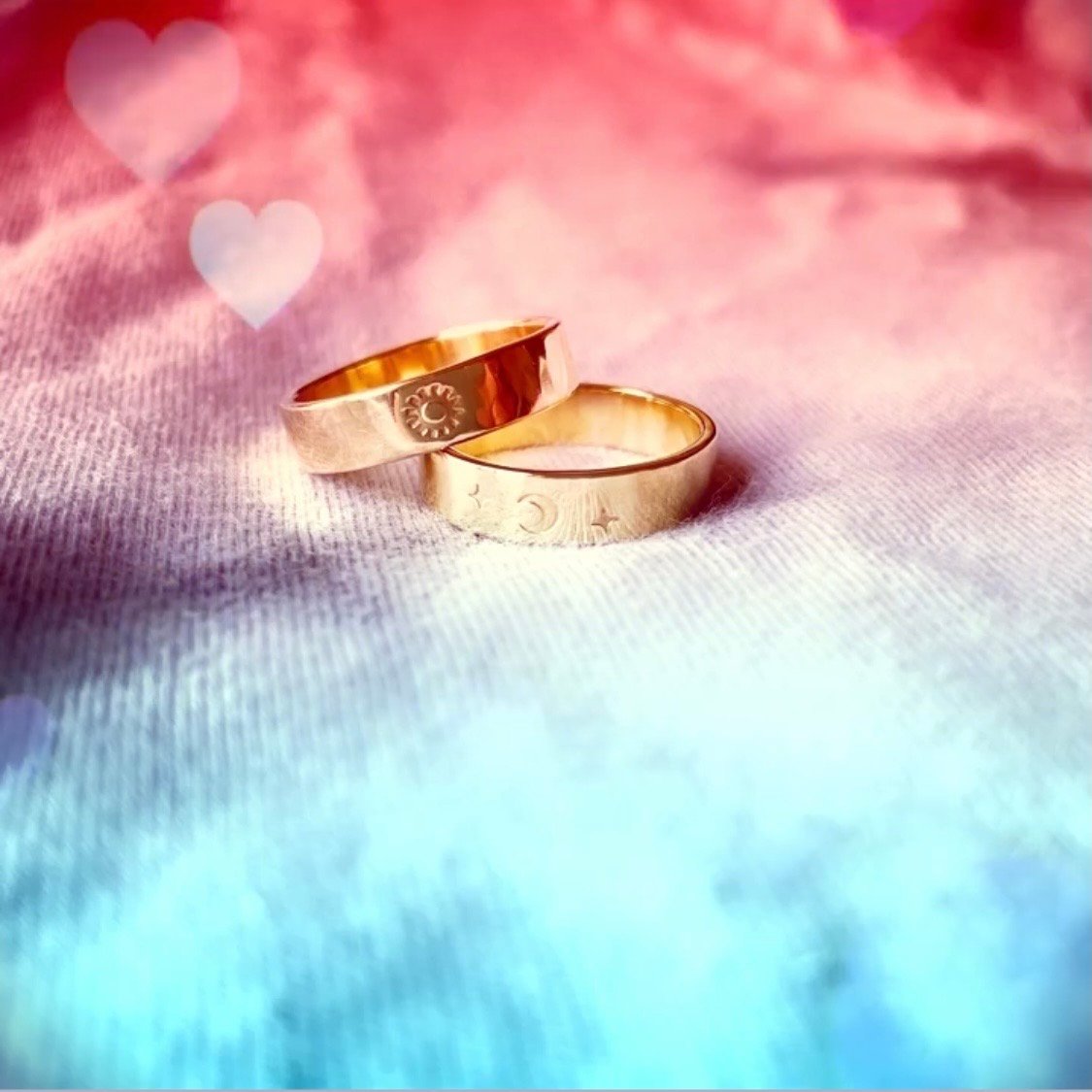 Image of Celestial 18ct Gold Wedding Rings Crescent Moon & Sun Rings