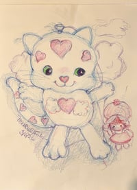 Image 1 of  Kitschy Kitty & Strawberry Shortcake an original color, pencil drawing