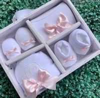 Image 1 of Newborn hat mitten bib & bootie set