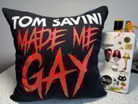 Upcycled “Tom Savini Made Me Gay” t-shirt pillow with denim back