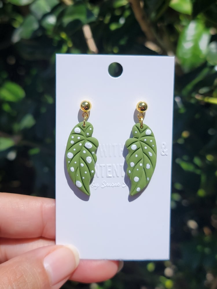 Image of Polka Dot Begonia Leaf Earrings - Realistic Begonia Maculata Plant Jewelry