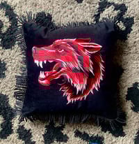 Image 4 of Red wolf black velvet with black tassel fringe cushion cover