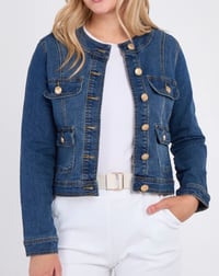 GOLD BUTTON FRONT POCKETS ROUND NECK DENIM STRETCH JACKET