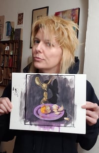 Image 2 of Brass Mouse with Oranges - original mixed media painting on paper