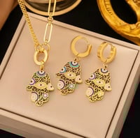 Image 1 of Hamsa Hand with Evil Eye Non-Fading Vintage Painted Necklace Earrings Set
