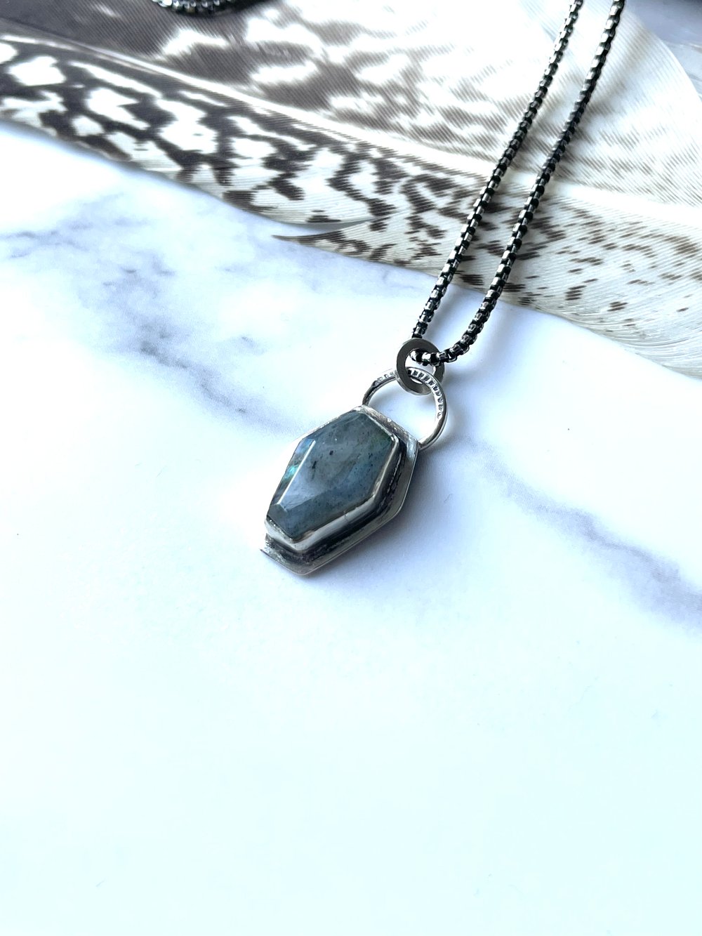Handmade Sterling Silver Labradorite Coffin Pendant 925